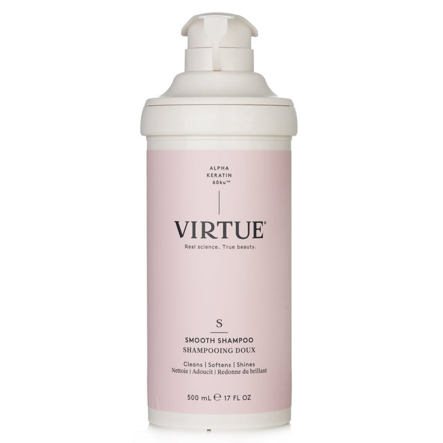 Bottle of Virtue Smooth Shampoo, 500ml, featuring Alpha Keratin 60ku®, Pink Pomelo, and Gotu Kola for frizz control and hydration.