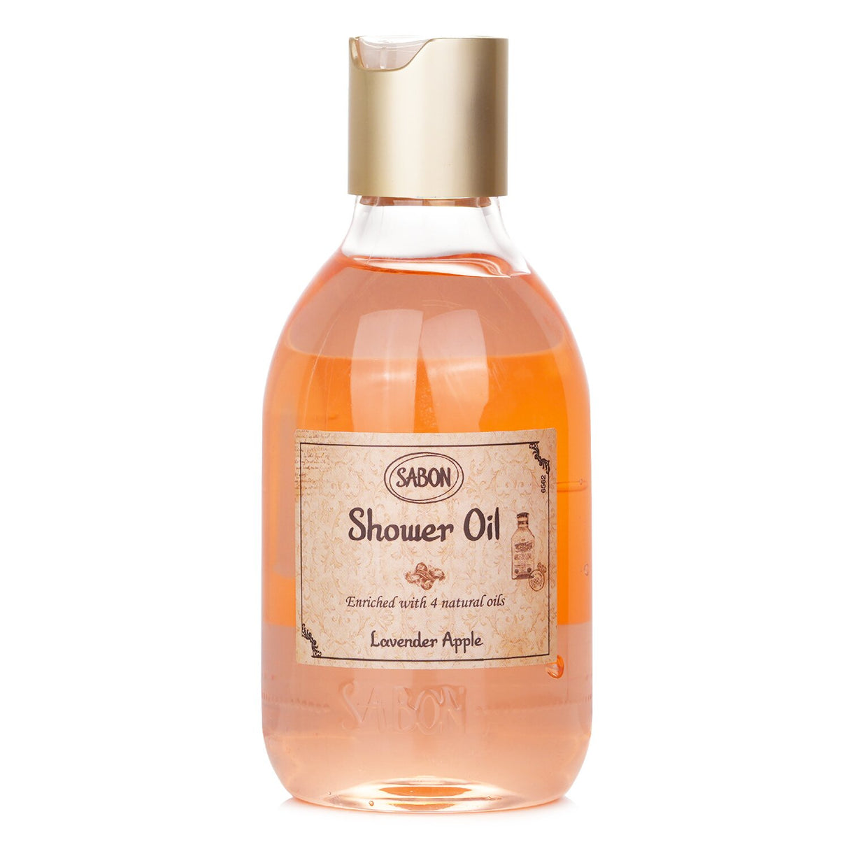 Luxurious lavender apple shower oil in a plastic bottle, deeply moisturizes and cleanses for soft, smooth skin.