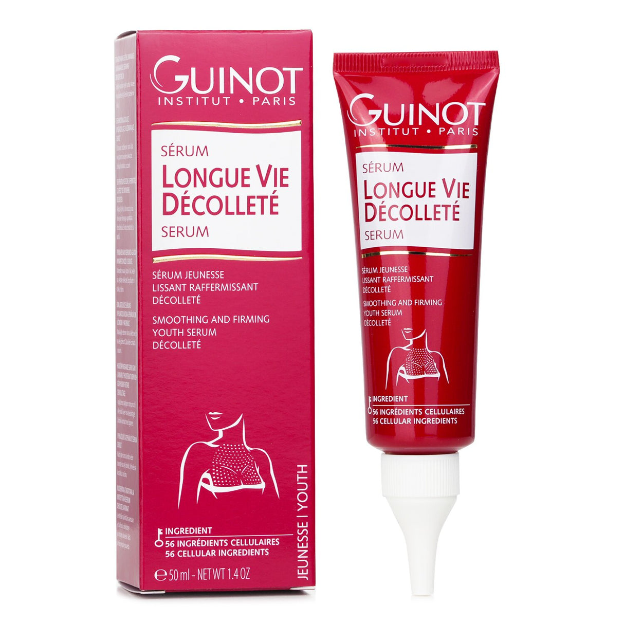 Guinot Longue Vie Decollete Serum in a 50ml bottle, designed to smooth, firm, and rejuvenate the décolletage skin.