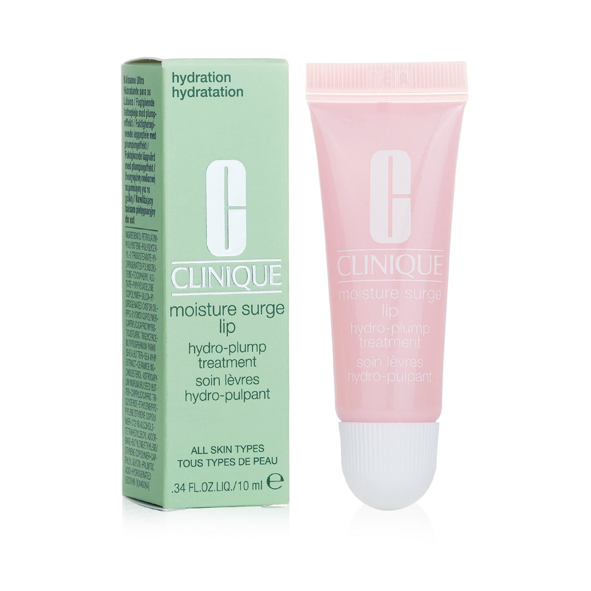 Clinique Moisture Surge Lip Hydro-Plump Treatment in 10ml, enriched with shea butter and ceramides for deep hydration.