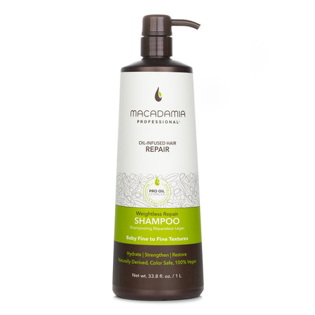 Lightweight shampoo for fine hair, enriched with Macadamia and Argan oils for repair, moisture, and shine. Vegan formula.