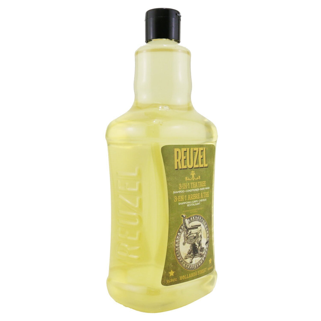 Reuzel 3-In-1 Tea Tree Shampoo Conditioner Body Wash in 1000ml, cleanses scalp, hair, and body with soothing tea tree oil.