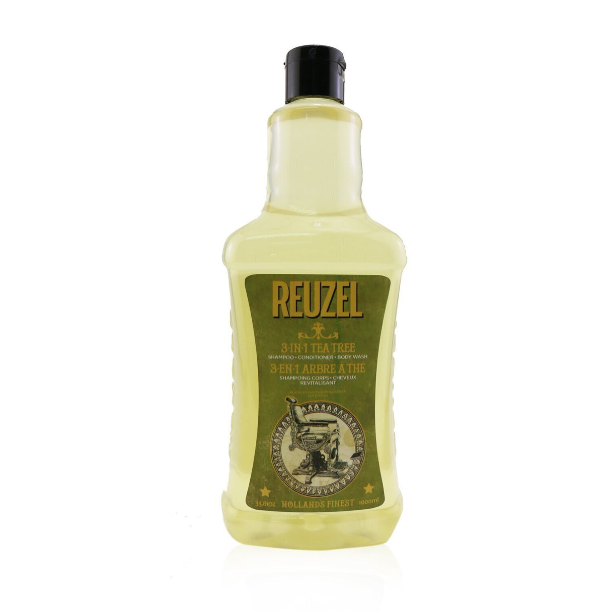 Reuzel 3-In-1 Tea Tree Shampoo, Conditioner, and Body Wash, 1000ml, cleanses and refreshes scalp, hair, and body with invigorating scent.