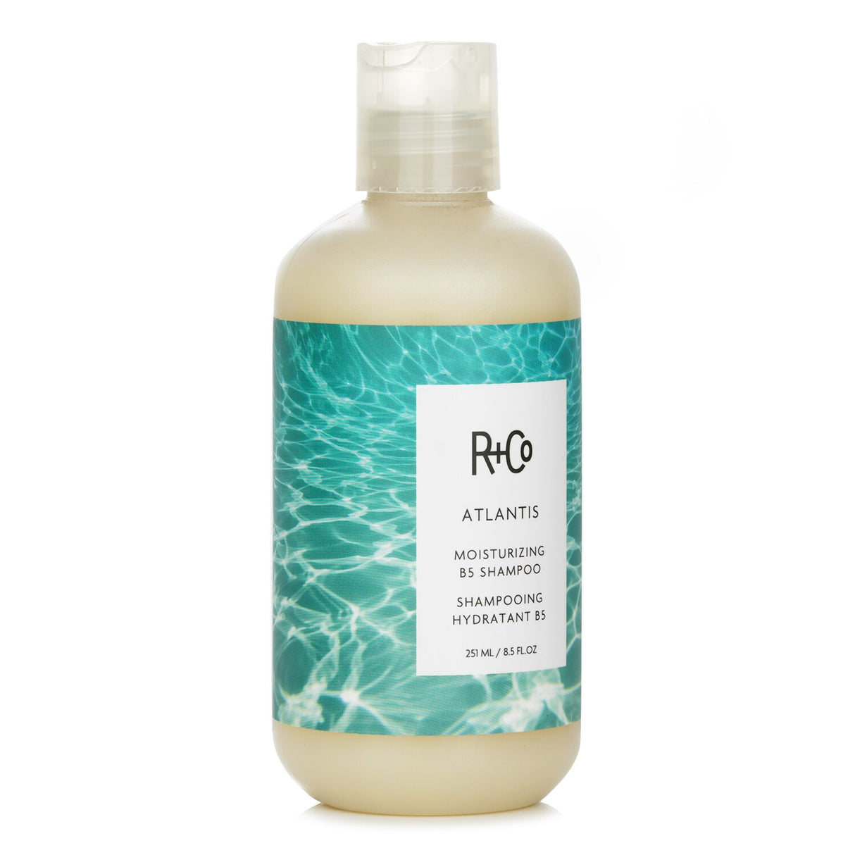 R+Co Atlantis Moisturizing B5 Shampoo in 241ml, designed for dry hair, enriched with Vitamin B5 and Prickly Pear for hydration.