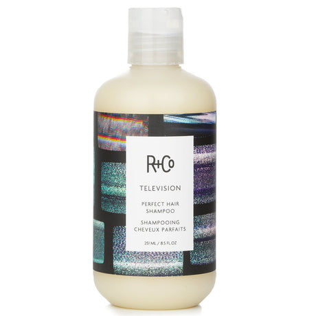 R+Co Television Perfect Hair Shampoo in a sleek bottle, promoting shiny, soft, and healthy hair with natural ingredients.