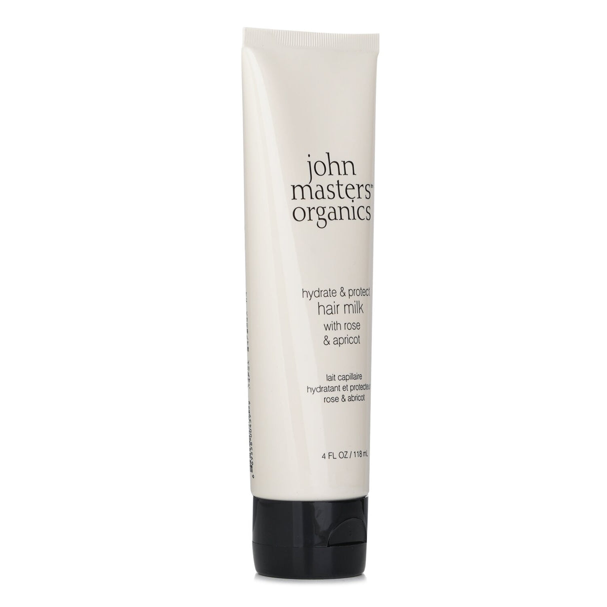 John Masters Organics Hair Milk with Rose & Apricot in a 118ml bottle, a nourishing leave-in treatment for vibrant, healthy hair.