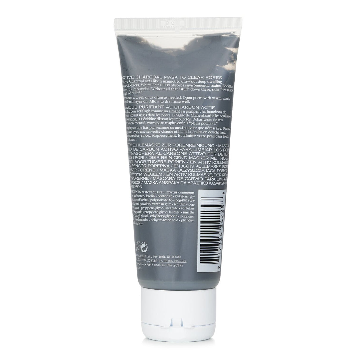 Purifying charcoal mask with bamboo charcoal and clay, detoxifying pores for clear, radiant skin in a 75ml tube.