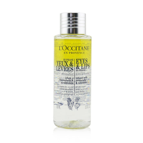 L'Occitane bi-phasic makeup remover gently removes stubborn makeup and impurities from eyes and lips, suitable for all skin types.