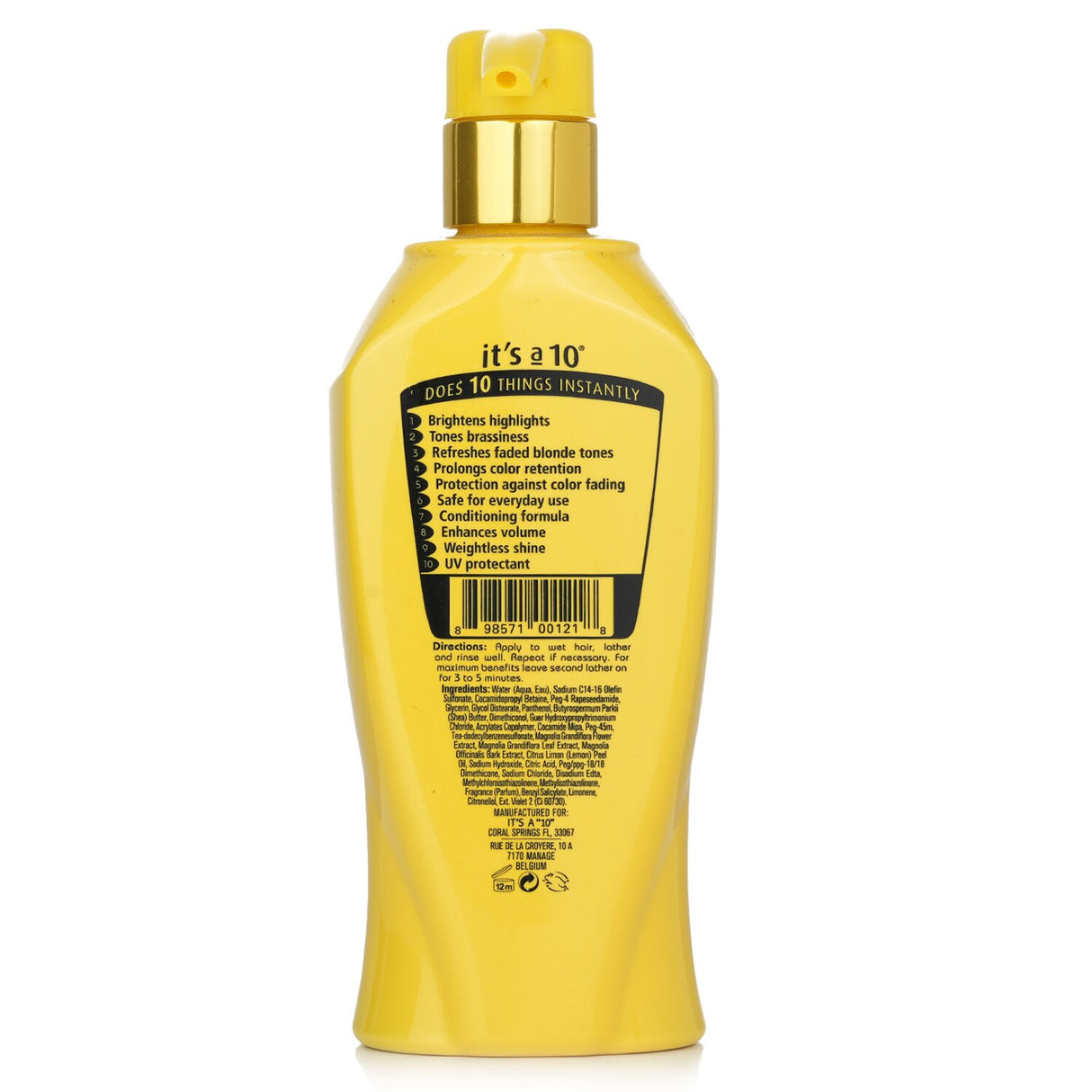 It's A 10 Miracle Brightening Shampoo for Blondes enhances blonde hues, prevents brassiness, and adds shine, safe for daily use.