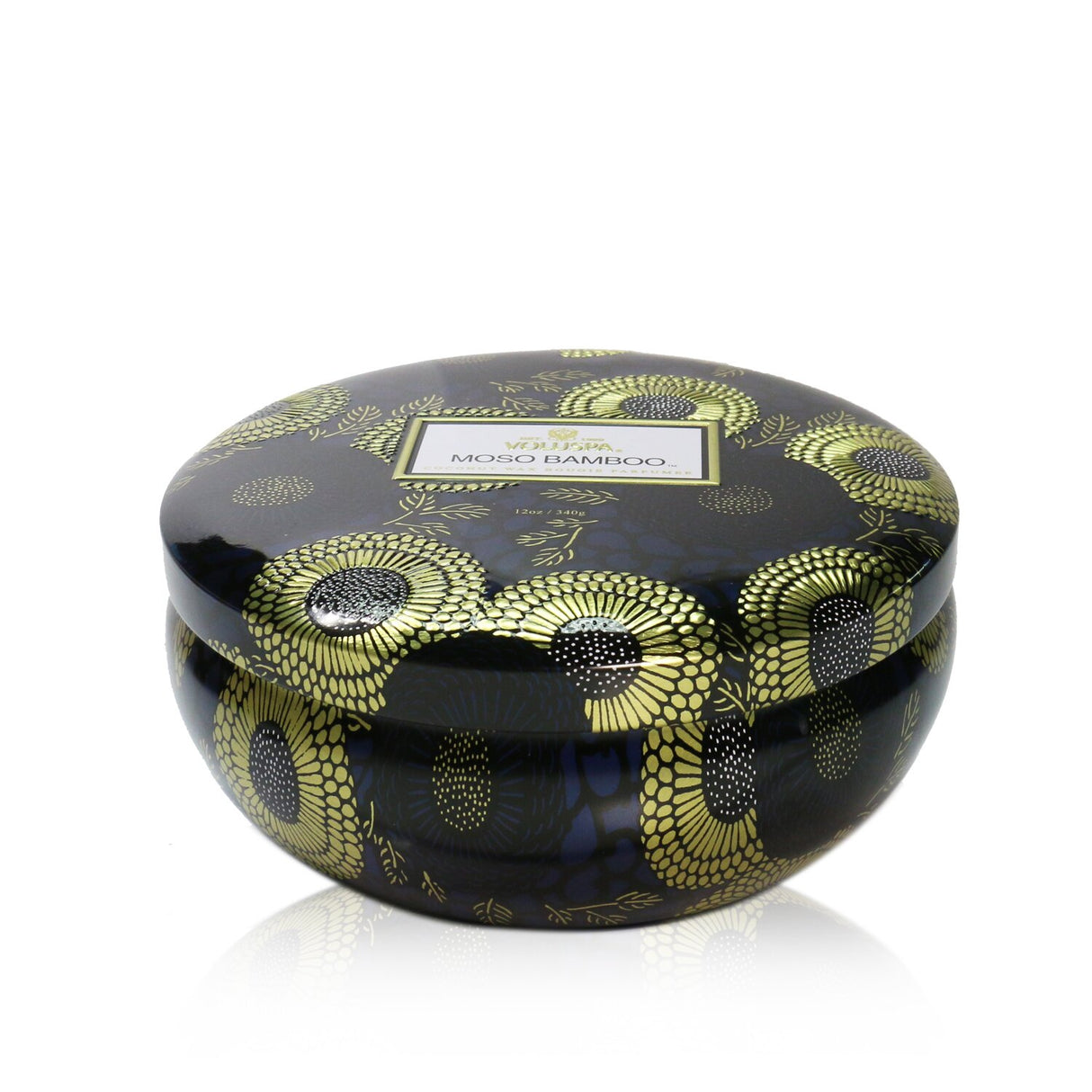 Voluspa 3 Wick Decorative Tin Candle in Moso Bamboo with vibrant tin design, soothing fragrance, and 40-hour burn time.
