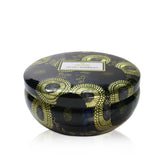 Voluspa 3 Wick Decorative Tin Candle in Moso Bamboo with vibrant tin design, soothing fragrance, and 40-hour burn time.