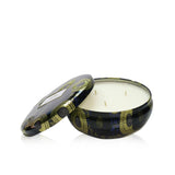 Voluspa 3 Wick Decorative Tin Candle in Moso Bamboo, featuring a rich fragrance, stylish tin, and long burn time.
