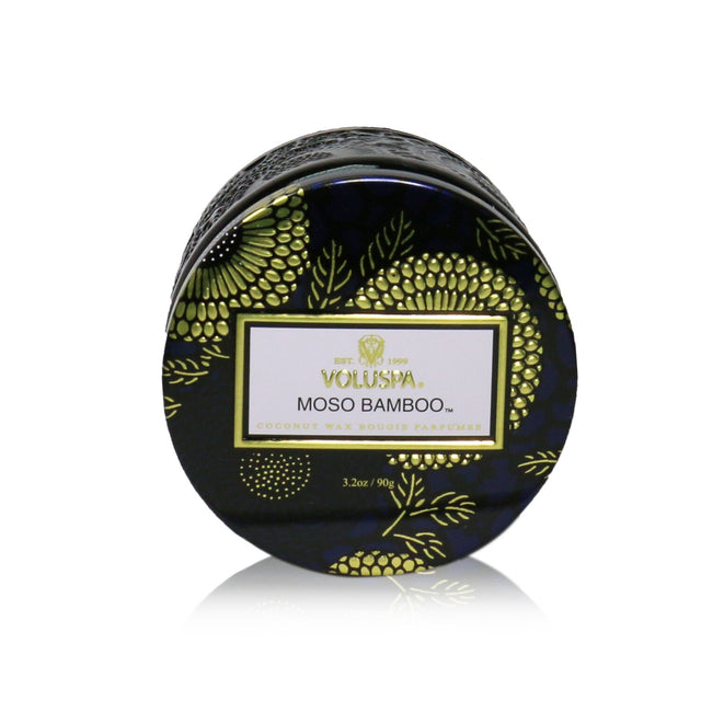 Voluspa Petite Jar Candle in Moso Bamboo, with a decorative container and a soothing, long-lasting bamboo scent.
