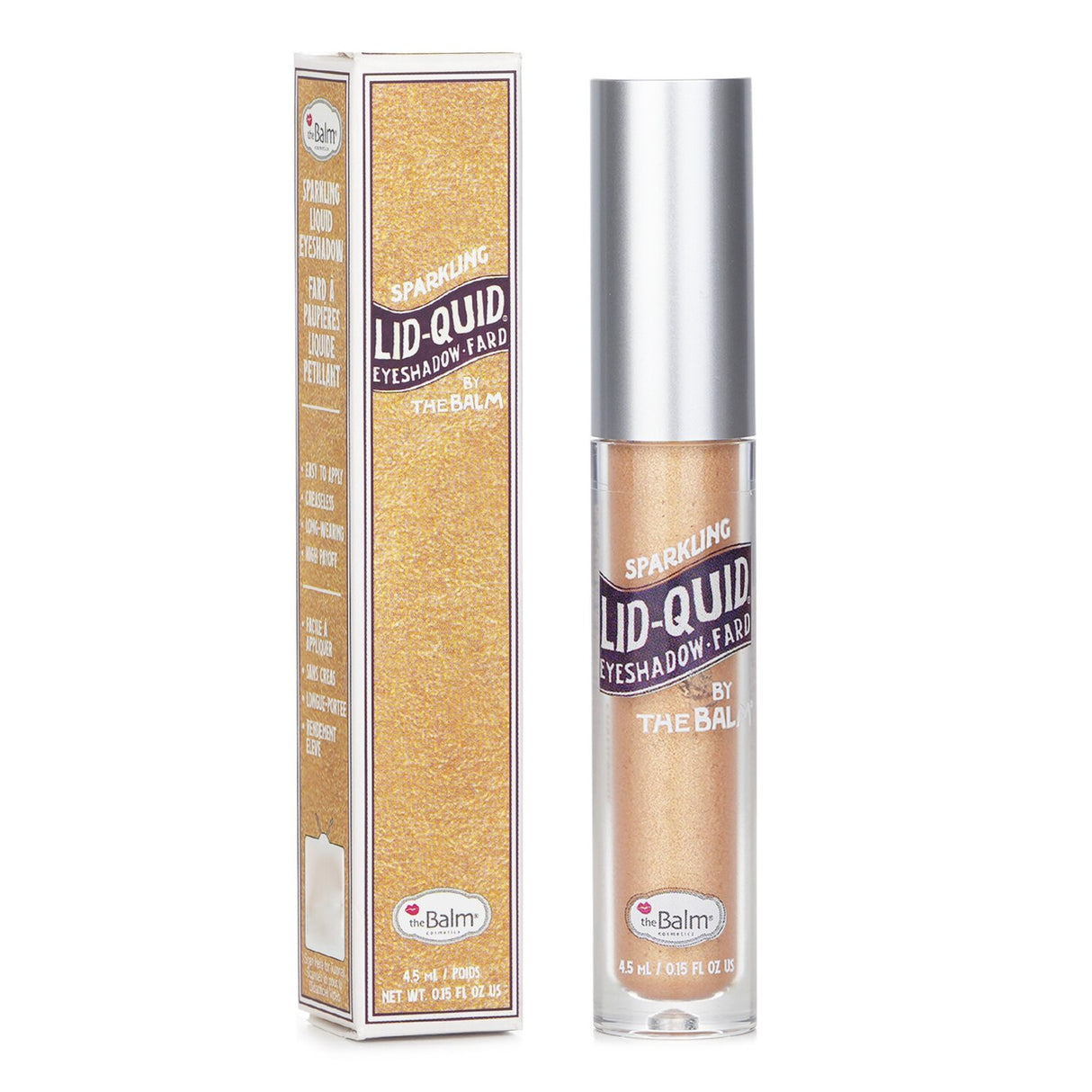 Luxurious champagne liquid eyeshadow with shimmering effect, easy application, and long-lasting, creaseless formula.