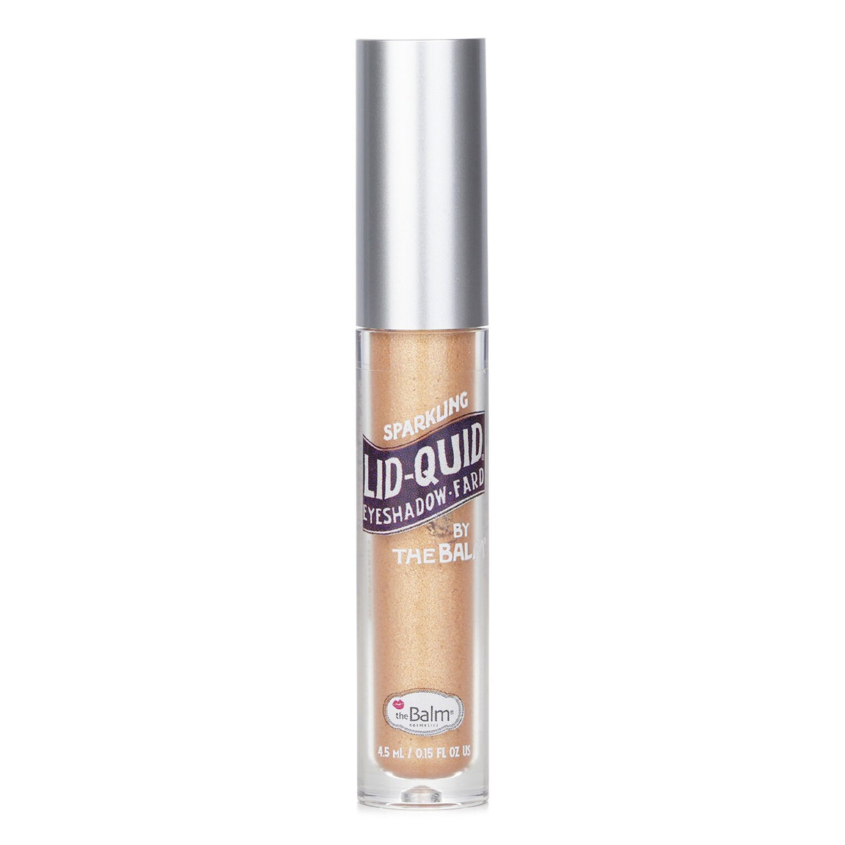 Champagne-hued sparkling liquid eyeshadow by TheBalm, featuring a long-wearing, blendable formula for a radiant look.