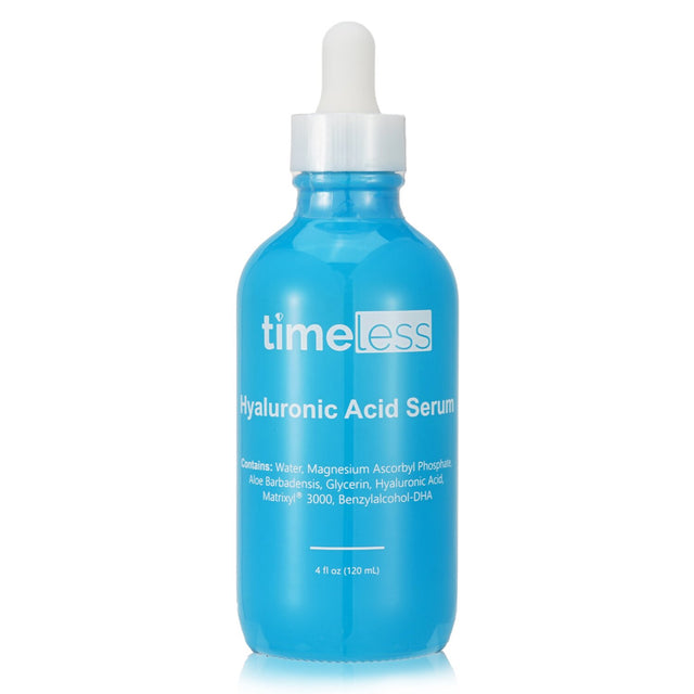 Timeless Skin Care Hyaluronic Acid Serum + Vitamin C in a 120ml bottle, designed to hydrate, brighten, and rejuvenate skin.