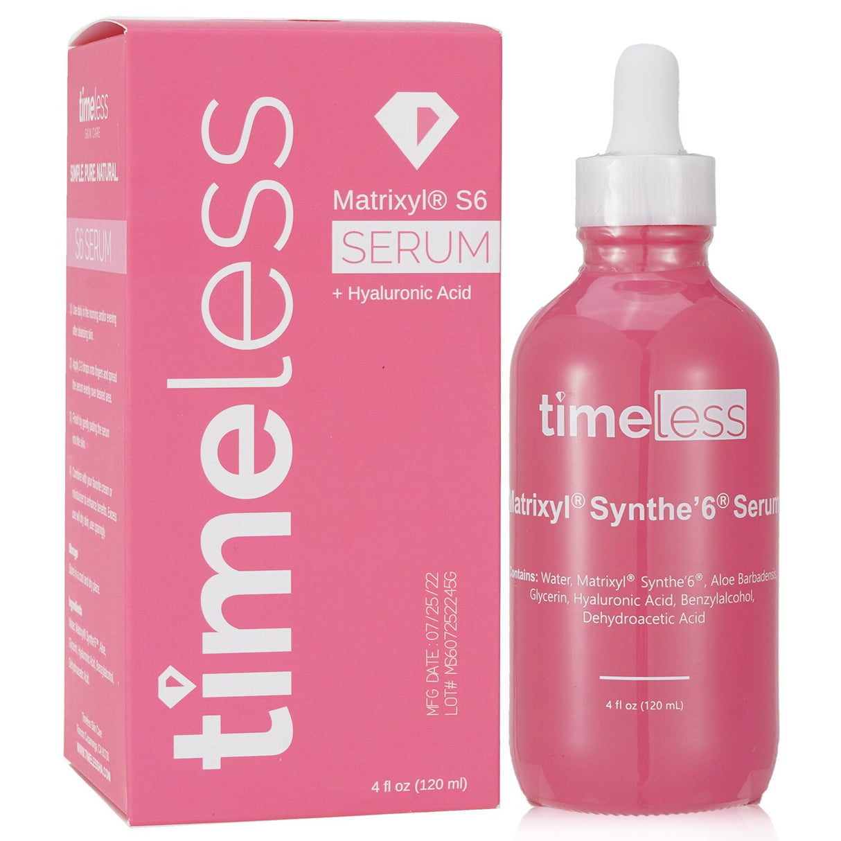 Timeless Skin Care Matrixyl S6 Serum with Hyaluronic Acid in a 120ml bottle; targets aging and hydrates skin for a youthful look.