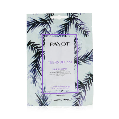 Payot Morning Mask for teens, eco-friendly sheet masks with tea tree oil for purifying and perfecting oily skin.