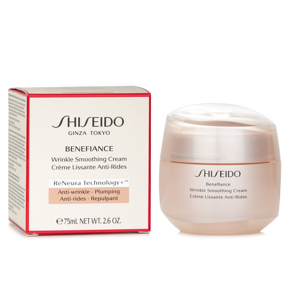 Luxurious Shiseido Benefiance Wrinkle Smoothing Cream in 75ml, enhances radiance and reduces wrinkles with ReNeura Technology+.