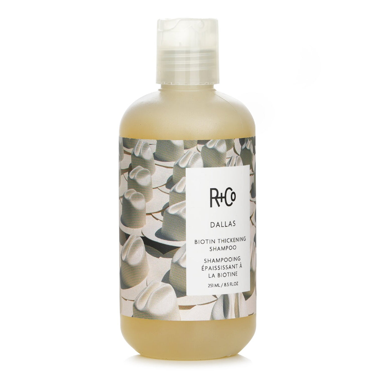 R+Co Dallas Biotin Thickening Shampoo in 241ml, enhances fine hair with Biotin, Pro Vitamin B5, and Coconut Oil for fullness.