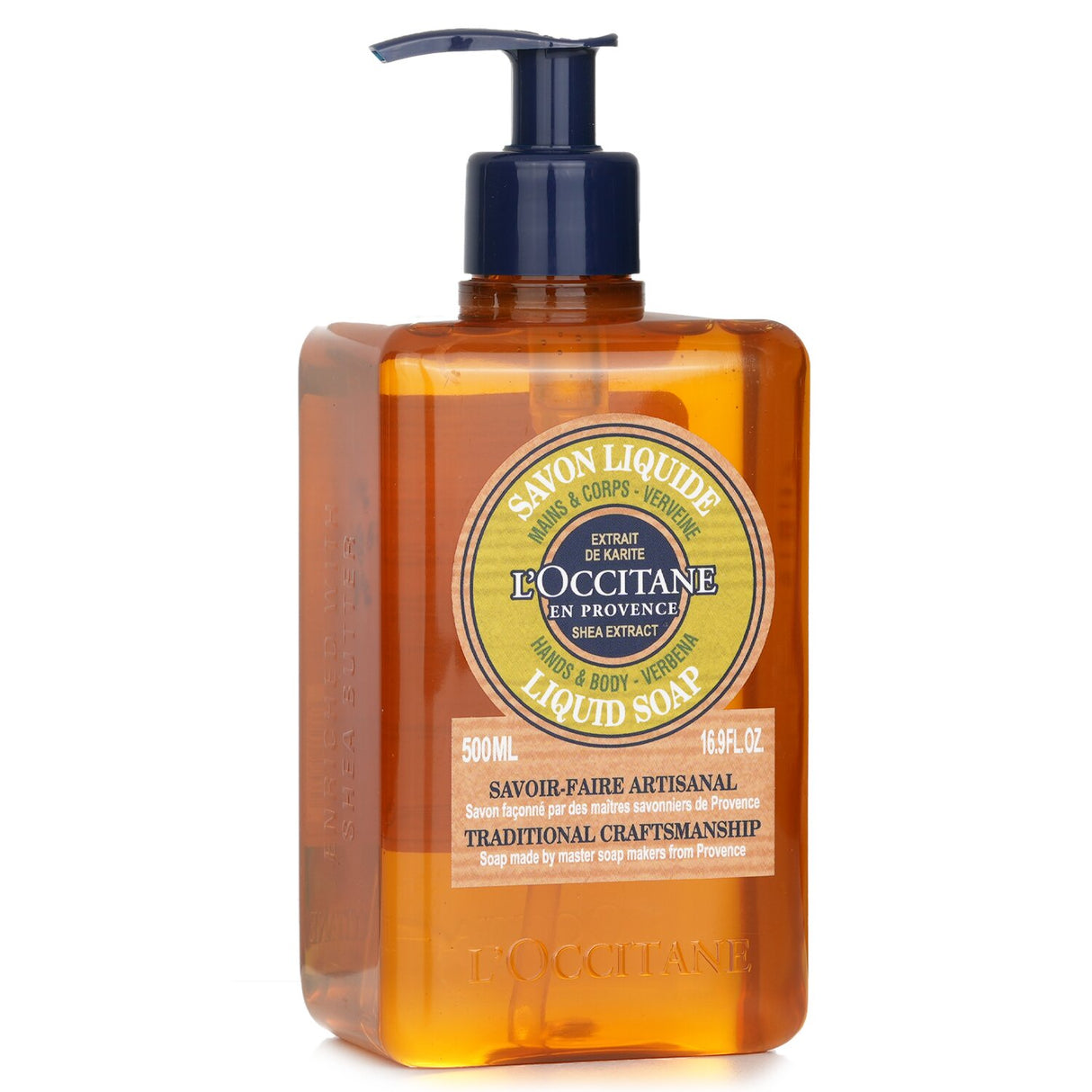 L'Occitane Verveine liquid soap in a 500ml bottle, infused with verbena for gentle cleansing and skin nourishment.