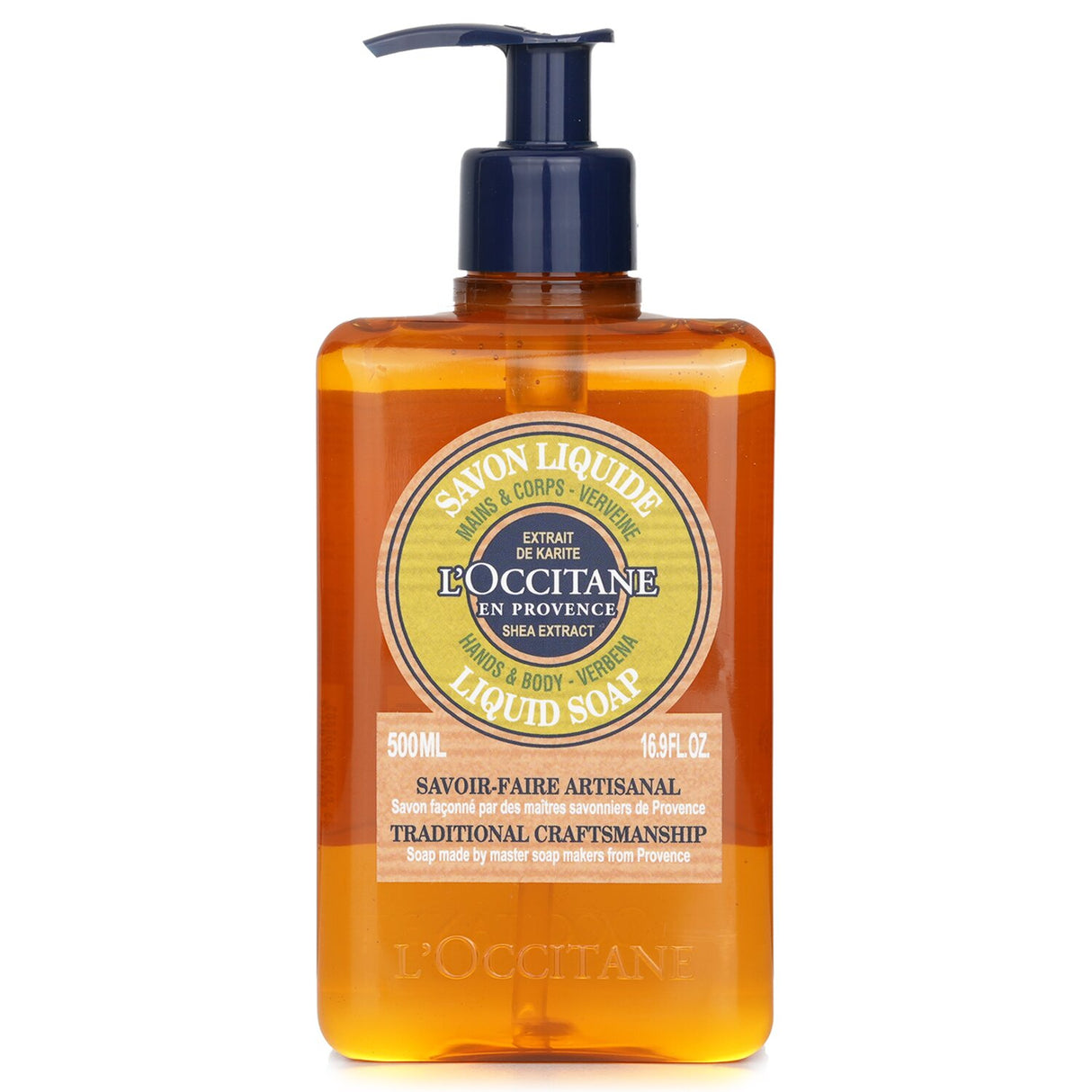 L'Occitane Verbena liquid soap in a 500ml bottle, nourishing and refreshing with a zesty scent, suitable for hands and body.