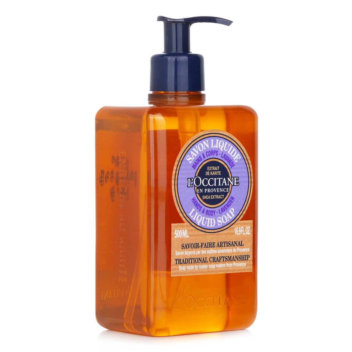 L'Occitane Lavender Liquid Soap in 500ml bottle, gently cleanses hands and body, enriched with Shea and Lavender for soft, fresh skin.