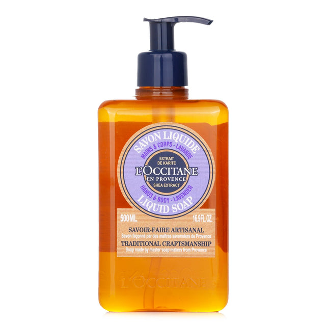 L'Occitane Lavender Liquid Soap in a 500ml bottle, gently cleanses and nourishes skin while providing a soothing lavender scent.