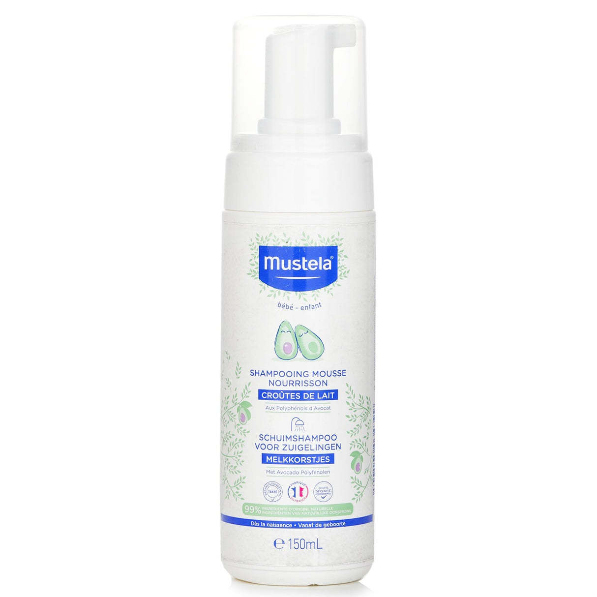 Mustela Mouse Shampoo in 150ml bottle, gentle foaming shampoo for newborns, 99% natural, tear-free, and scalp soothing.