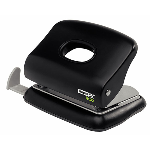 Compact hole punch made from 100% recycled plastic, punches up to 20 sheets, with easy-to-empty confetti holder.