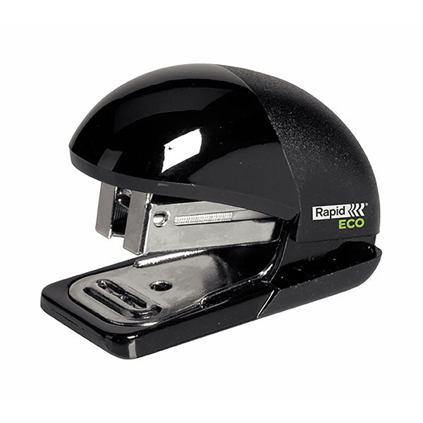 Eco-friendly mini stapler in black, made from recycled plastic, staples up to 10 sheets, compact design for easy travel.