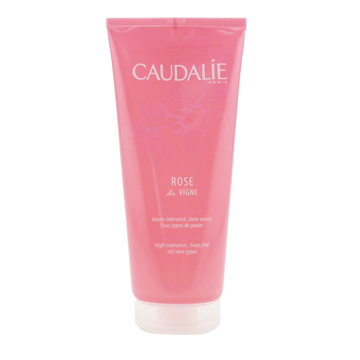 Caudalie Rose De Vigne Shower Gel in 200ml, a soap-free, plant-based formula with soothing aloe vera and a floral scent.