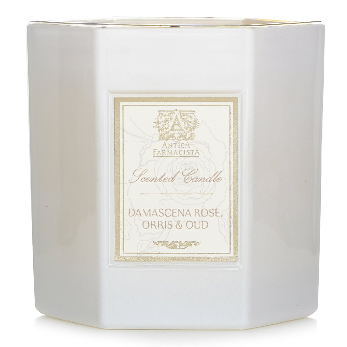 Elegant hexagonal candle with floral scent notes in a soft white glass container, offering 60 hours of aromatic ambiance.