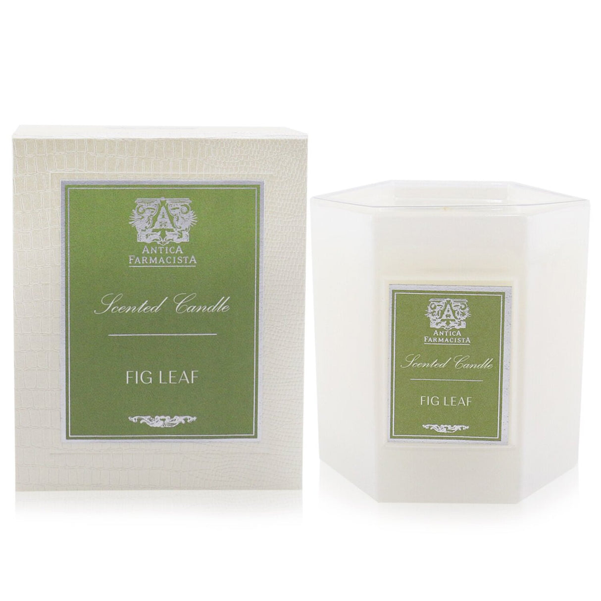 Elegant Antica Farmacista Fig Leaf Candle in a soft white glass, offering 60 hours of earthy, fruity fragrance.