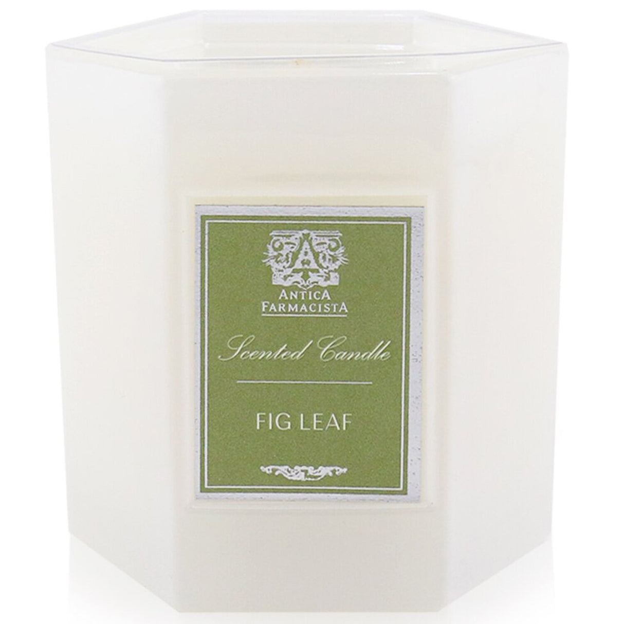 Antica Farmacista Fig Leaf Candle in a white glass holder, featuring a blend of fresh and earthy scents for 60 hours of ambiance.