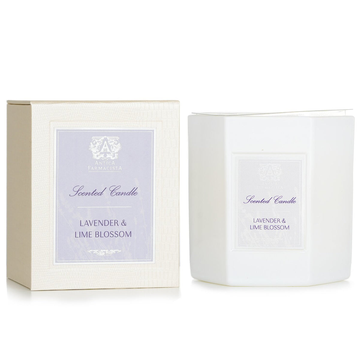 Luxurious hexagonal candle in soft white glass, featuring uplifting Lavender & Lime Blossom aromas and 60 hours of burn time.