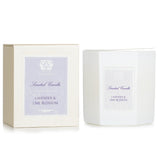 Luxurious hexagonal candle in soft white glass, featuring uplifting Lavender & Lime Blossom aromas and 60 hours of burn time.