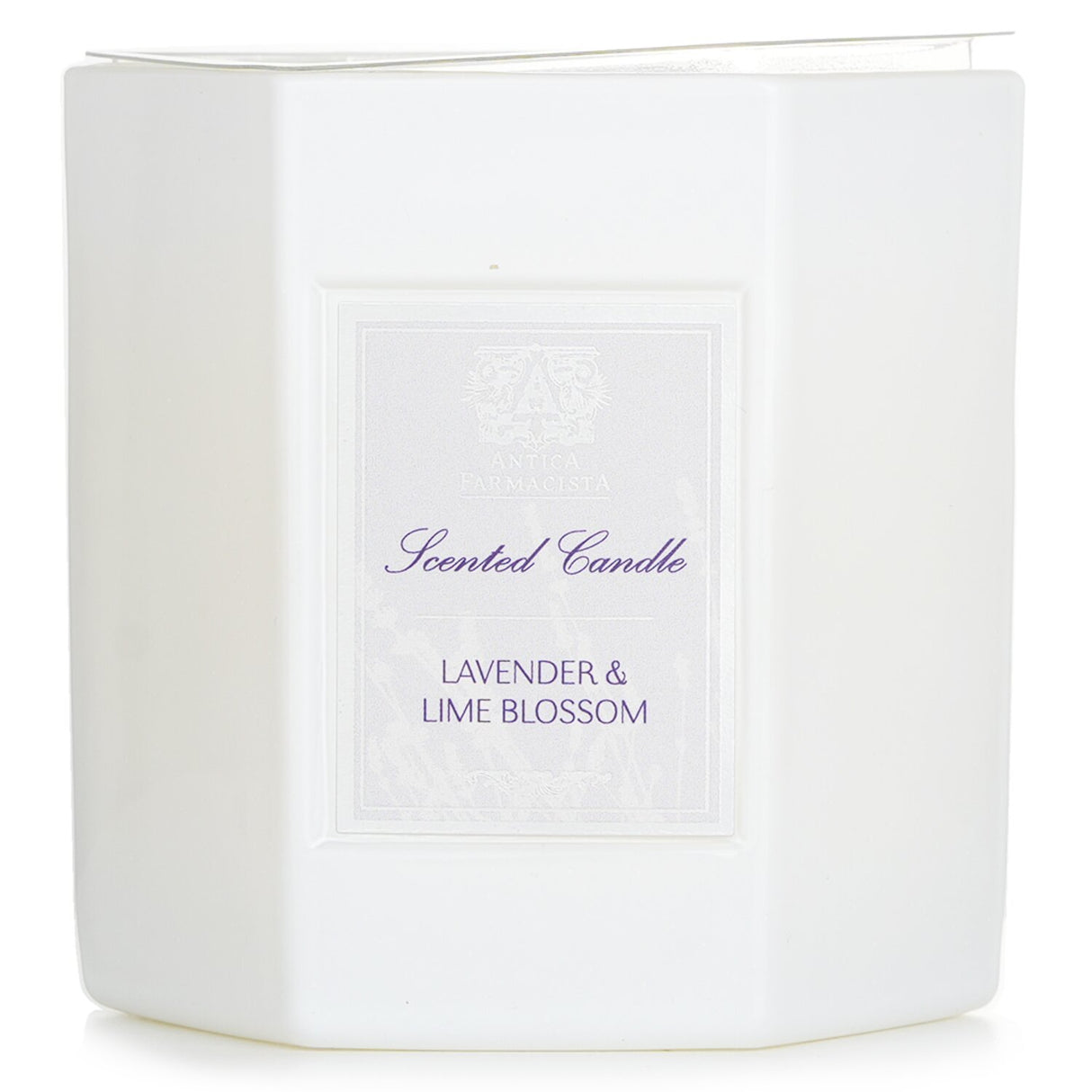 Hexagonal candle in white glass, featuring lavender and lime blossom fragrance, offers 60 hours of soothing aromatherapy.