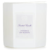 Hexagonal candle in white glass, featuring lavender and lime blossom fragrance, offers 60 hours of soothing aromatherapy.