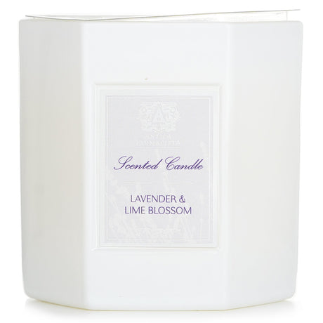 Hexagonal candle in white glass, featuring lavender and lime blossom fragrance, offers 60 hours of soothing aromatherapy.