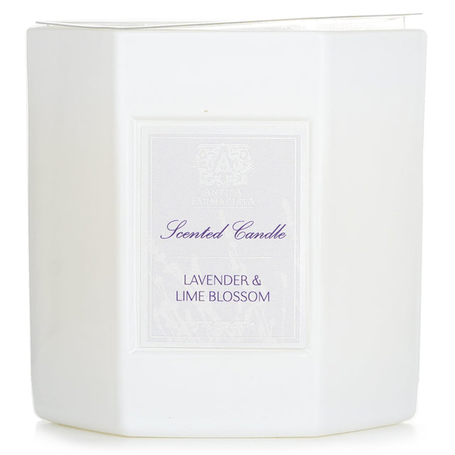 Hexagonal candle in white glass, featuring lavender and lime blossom fragrance, offers 60 hours of soothing aromatherapy.