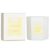 Luxurious hexagonal candle in soft white glass, featuring lemon, verbena & cedar scents; 60-hour burn time for ambiance.