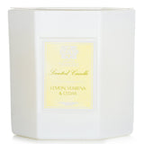 Antica Farmacista hexagonal candle in white glass, featuring lemon, verbena & cedar scent with 60-hour burn time.