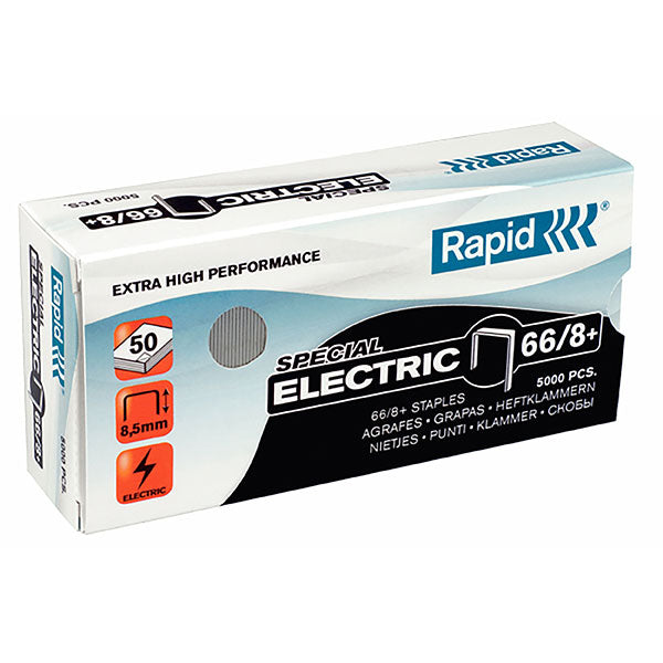 Box of 5,000 heavy-duty Rapid Staples 66/8mm+ for electric staplers, featuring sharp edges for precise fastening.