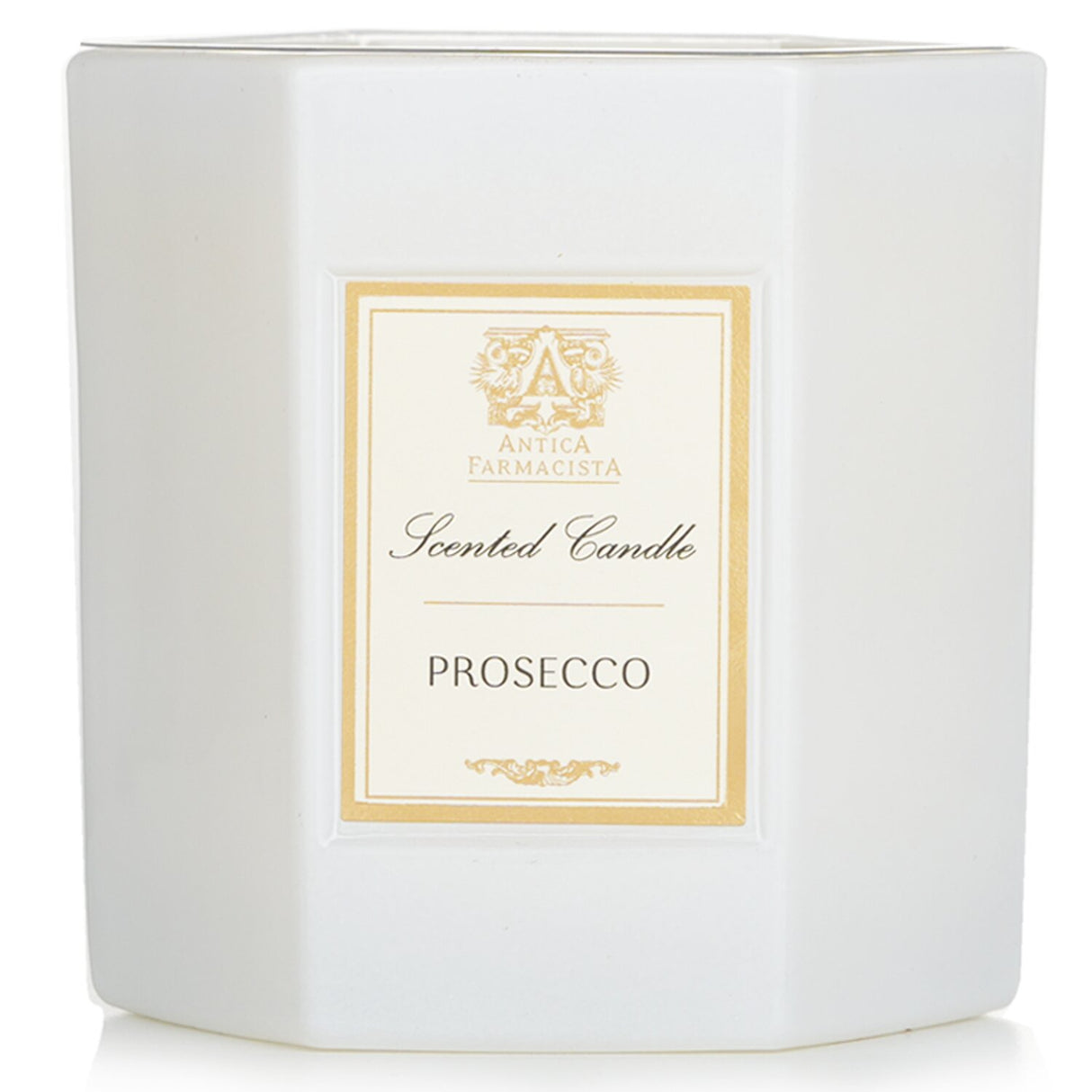 Luxurious Antica Farmacista Prosecco Candle in a soft white glass with fruity floral notes, perfect for creating an inviting ambiance.