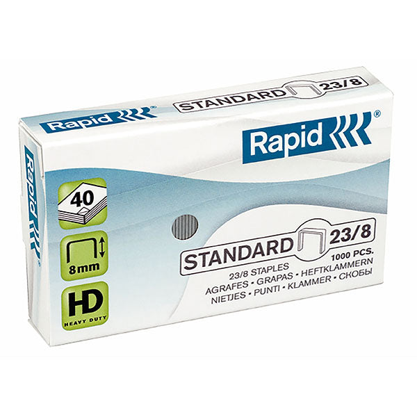 Box of 1,000 strong 23/8mm Rapid staples for heavy-duty stapling, capable of binding up to 40 sheets.