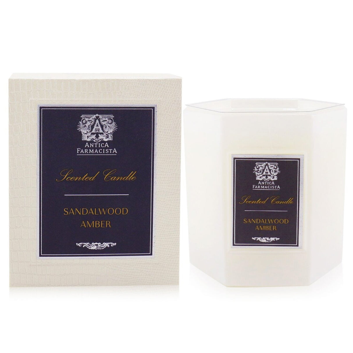 Luxurious Antica Farmacista Sandalwood Amber candle in a white glass holder, offering 60 hours of warm, complex fragrance.