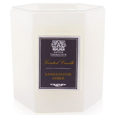 Luxurious Sandalwood Amber candle in soft white glass, offering 60 hours of rich, complex fragrance for a warm atmosphere.
