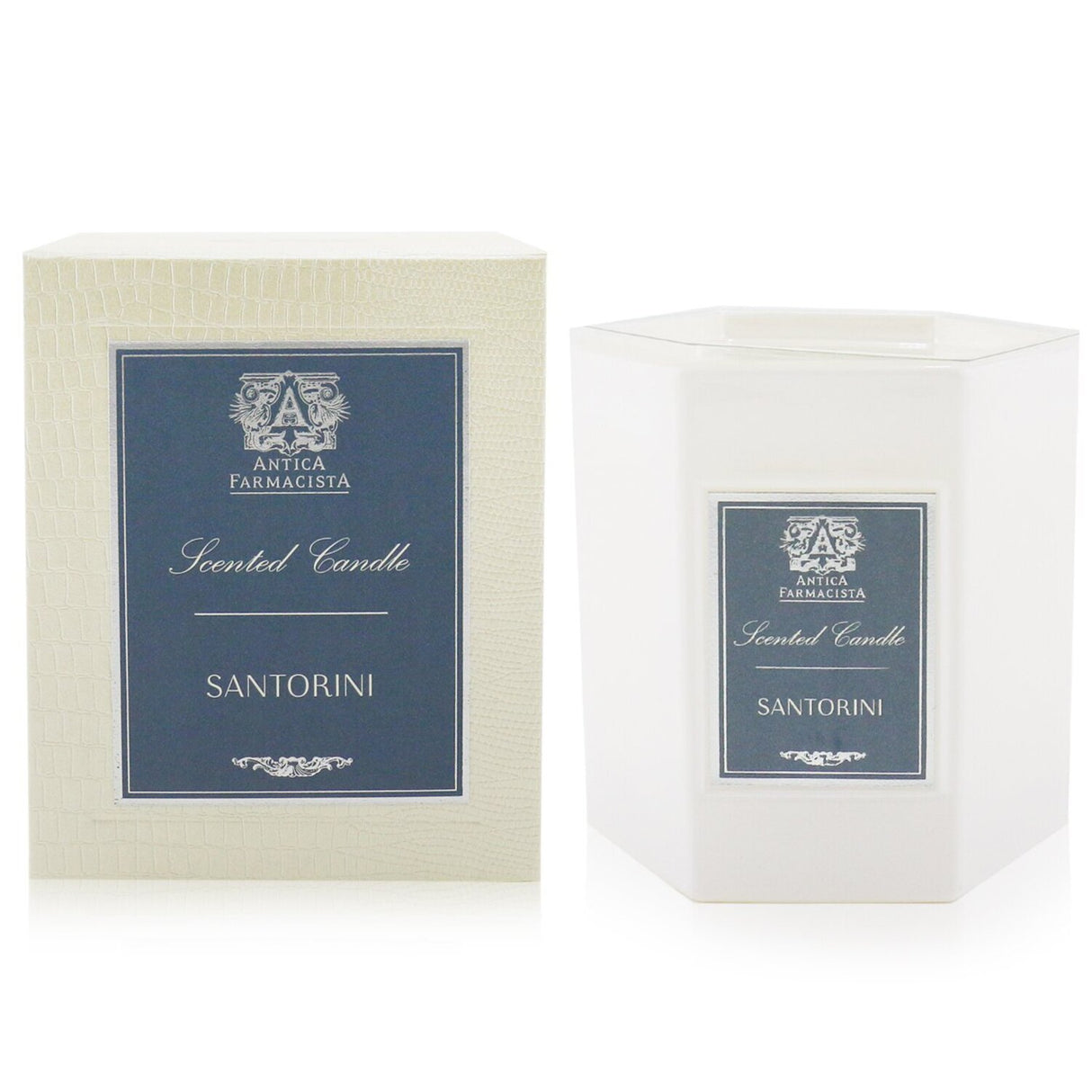 Luxurious Santorini Candle in elegant glass, offering 60 hours of citrus-green fragrance with floral and wood notes.