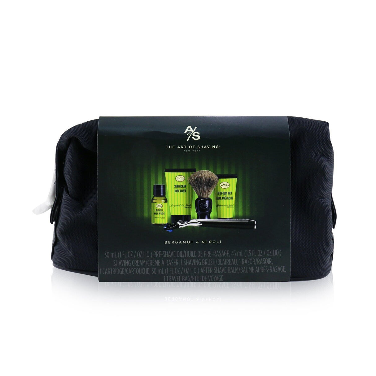 Luxury shaving set with Pre Shave Oil, Cream, After Shave Balm, Brush, Razor in Bergamot & Neroli fragrance, perfect gift.